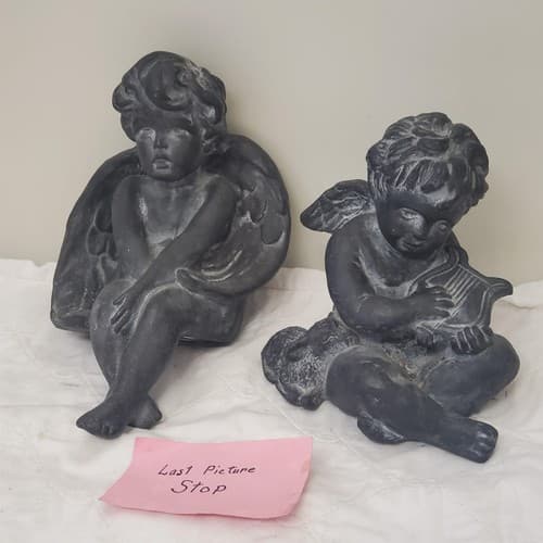 Pair of Black Angel Figurines Harp & Seated Cherub Statues - Thumbnail 8