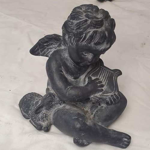 Pair of Black Angel Figurines Harp & Seated Cherub Statues - Thumbnail 7