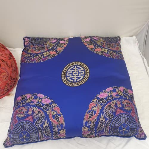 Royal Blue Embroidered Longevit Chinese Silk Pillow & Tibetan handmade Cushion - Thumbnail 4