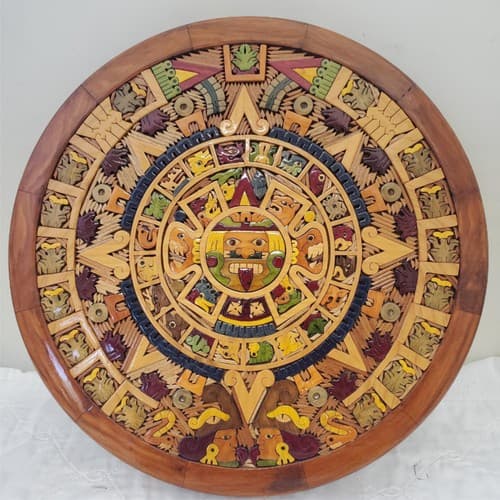 Beautiful Aztec Mayan Calendar Hand Carved Wooden Art - Thumbnail 2