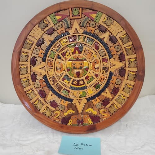 Beautiful Aztec Mayan Calendar Hand Carved Wooden Art - Image 1