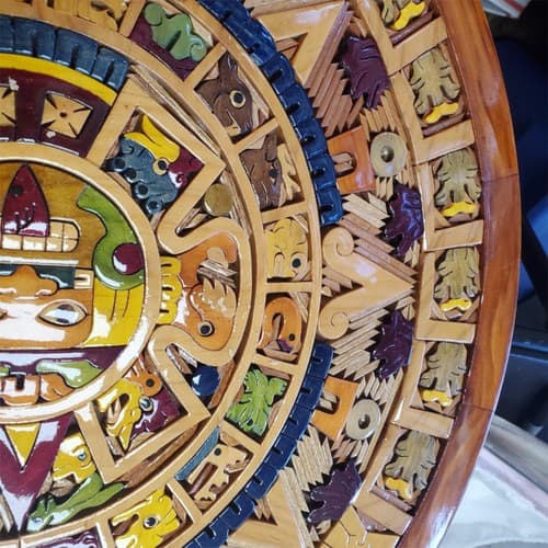 Beautiful Aztec Mayan Calendar Hand Carved Wooden Art - Thumbnail 9