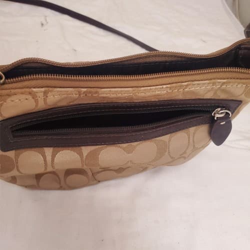 Vintage COACH Wristlet Khaki Brown Purse Leather Trim with Coach ID tag - Thumbnail 2