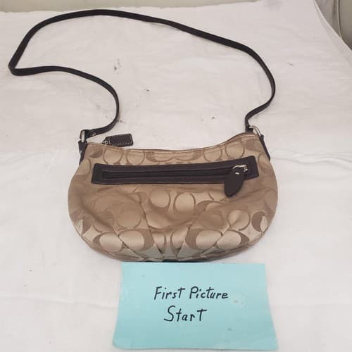 Vintage COACH Wristlet Khaki Brown Purse Leather Trim with Coach ID tag - Image 1