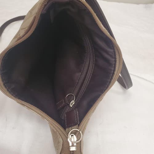 Vintage COACH Wristlet Khaki Brown Purse Leather Trim with Coach ID tag - Thumbnail 3