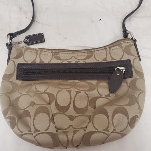 Vintage COACH Wristlet Khaki Brown Purse Leather Trim with Coach ID tag - Thumbnail 5