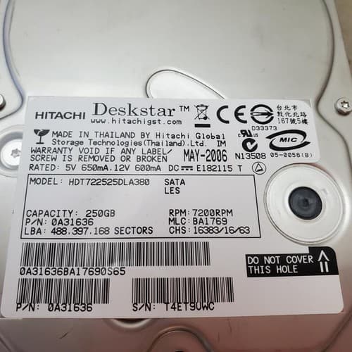 Hitachi Deskstar 250GB 7200RPM 8MB Cache SATA 3.5 Hard Disk Drive HDT722525DLA38 - Thumbnail 2