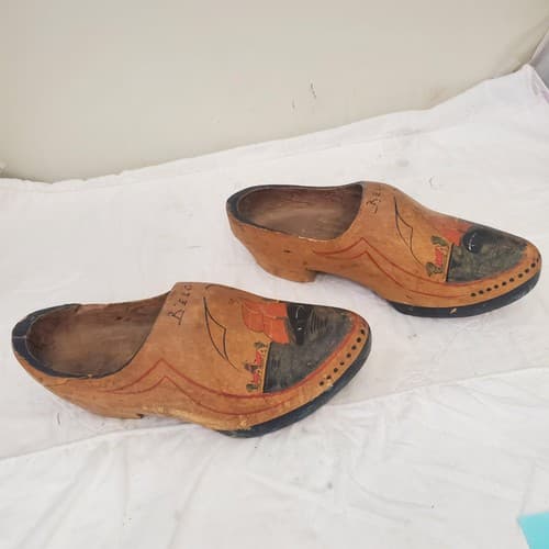 2 Antique Hand Painted Wooden Clogs Shoes Souvenir Antwerp Primitive Rustic - Image 1