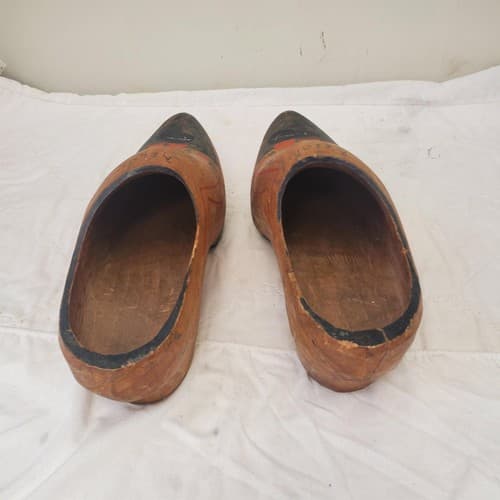 2 Antique Hand Painted Wooden Clogs Shoes Souvenir Antwerp Primitive Rustic - Thumbnail 2