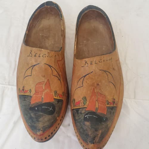 2 Antique Hand Painted Wooden Clogs Shoes Souvenir Antwerp Primitive Rustic - Thumbnail 5