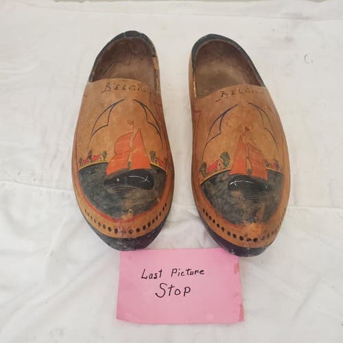 2 Antique Hand Painted Wooden Clogs Shoes Souvenir Antwerp Primitive Rustic - Thumbnail 6