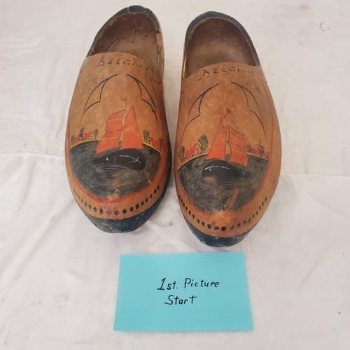 2 Antique Hand Painted Wooden Clogs Shoes Souvenir Antwerp Primitive Rustic - Thumbnail 4