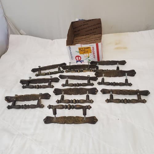 Lot of 10 Vintage Brass Amerock Carriage Cabinet Drawer Pulls w/ Back Plates #3 - Thumbnail 3