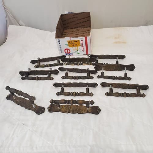 Lot of 10 Vintage Brass Amerock Carriage Cabinet Drawer Pulls w/ Back Plates #3 - Thumbnail 9
