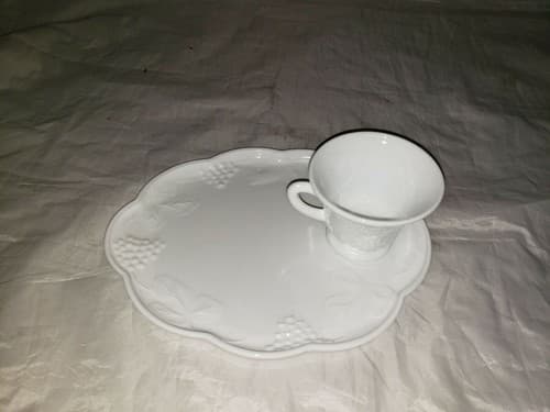White Milk Glass Snack Luncheon Plate and Cup With Grape Pattern - Image 1
