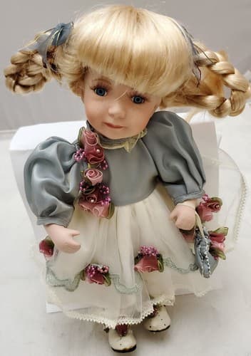 Vintage Genuine Beautiful Porcelain Fashion Doll White Grey Lace Dress - Image 1