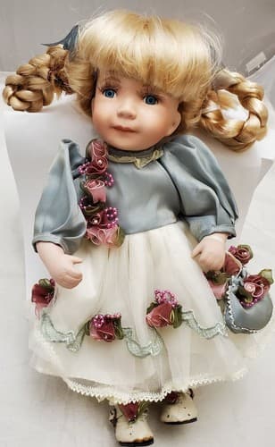 Vintage Genuine Beautiful Porcelain Fashion Doll White Grey Lace Dress - Thumbnail 2