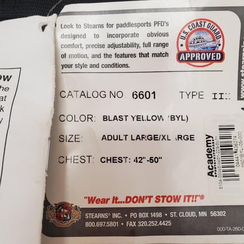 Stearns Watersports Life Jacket Catalog 6601 Type 3 PFD Adult Large/XL 42-50in 1 - Thumbnail 9