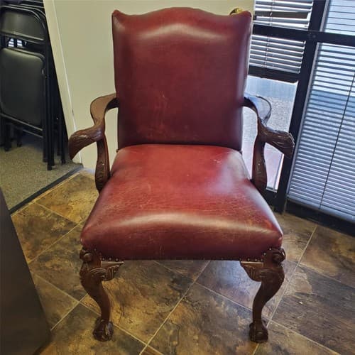 Vintage Antique Red Leather and Carved Owl Wood Armchair Law Office Chair - Image 1