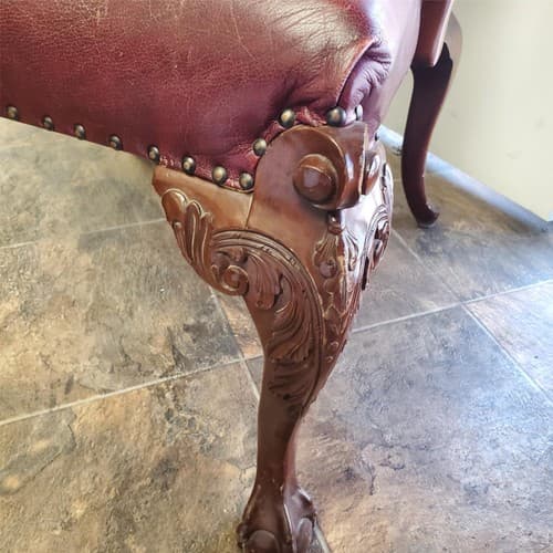 Vintage Antique Red Leather and Carved Owl Wood Armchair Law Office Chair - Thumbnail 4