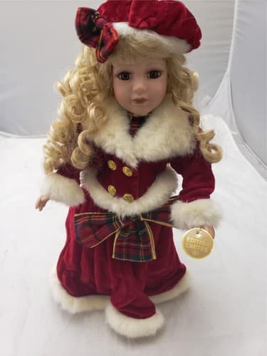 Vintage Original Christmas Blessings Porcelain Praying Doll Red Dress Hat - Image 1