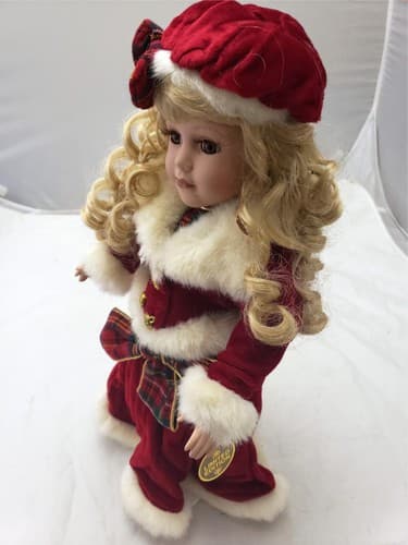 Vintage Original Christmas Blessings Porcelain Praying Doll Red Dress Hat - Thumbnail 2