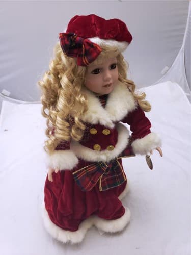 Vintage Original Christmas Blessings Porcelain Praying Doll Red Dress Hat - Thumbnail 4