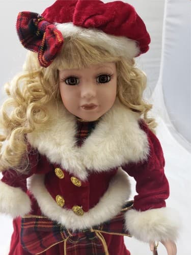 Vintage Original Christmas Blessings Porcelain Praying Doll Red Dress Hat - Thumbnail 6