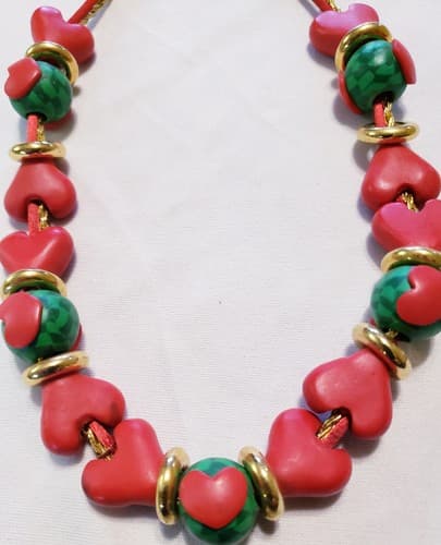 Vintage Handmade Polymer Clay Millefiori Red Hearts Design Necklace - Thumbnail 4