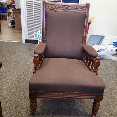 Antique Ornately Carved Wood Framed Fabric Victorian Throne Armchair - Image 1