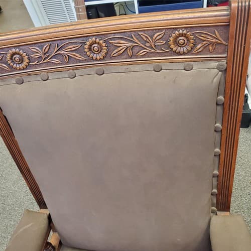 Antique Ornately Carved Wood Framed Fabric Victorian Throne Armchair - Thumbnail 2