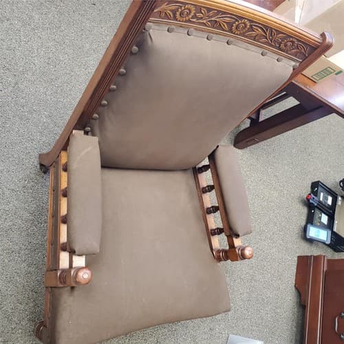 Antique Ornately Carved Wood Framed Fabric Victorian Throne Armchair - Thumbnail 4