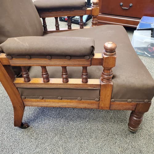 Antique Ornately Carved Wood Framed Fabric Victorian Throne Armchair - Thumbnail 5
