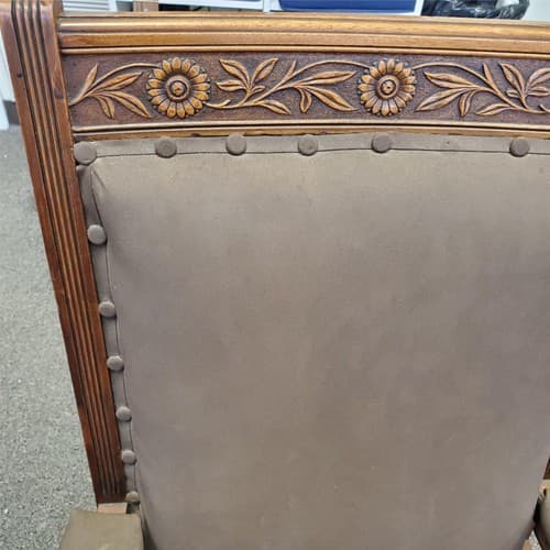 Antique Ornately Carved Wood Framed Fabric Victorian Throne Armchair - Thumbnail 9