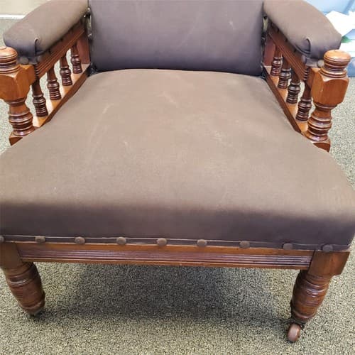 Antique Ornately Carved Wood Framed Fabric Victorian Throne Armchair - Thumbnail 8