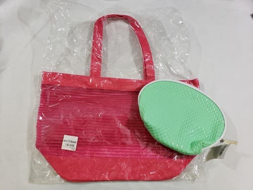 Nordstrom Glossy Seafoam Green Cosmetic Bag Tote Shoulder Bag Pink & Clear Mesh - Image 1
