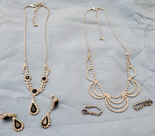 Two Women Fashion Jewelry Long Necklace CV and Black Stones and Earrings Sets - Image 1