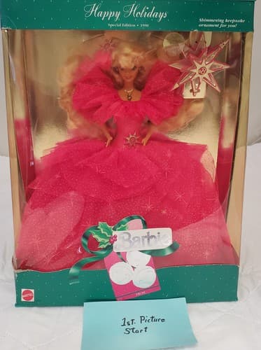 1990 Barbie Happy Holidays Special Edition Doll Pink Star Gown w/ Ornament - Image 1