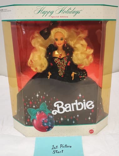 1991 Barbie Happy Holidays Special Edition Blonde Black Velvet Jeweled Gown - Image 1