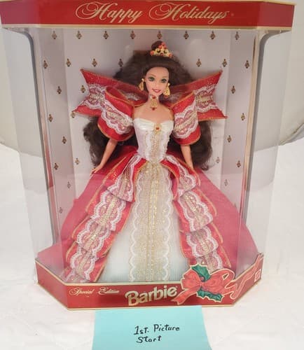 1997 Barbie Happy Holidays Special Edition Brunette Red White Gold Gown - Image 1
