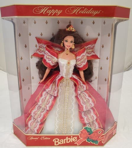 1997 Barbie Happy Holidays Special Edition Brunette Red White Gold Gown - Thumbnail 2