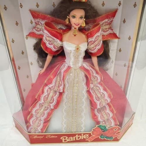 1997 Barbie Happy Holidays Special Edition Brunette Red White Gold Gown - Thumbnail 4