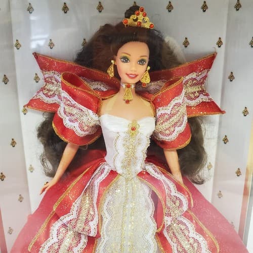 1997 Barbie Happy Holidays Special Edition Brunette Red White Gold Gown - Thumbnail 3