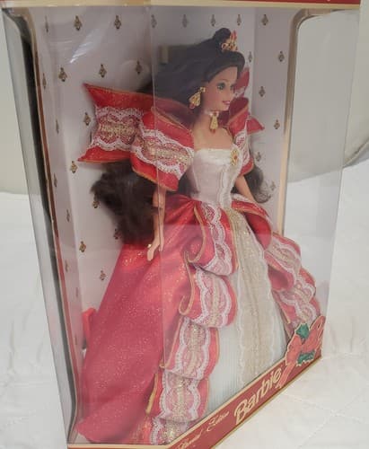 1997 Barbie Happy Holidays Special Edition Brunette Red White Gold Gown - Thumbnail 5