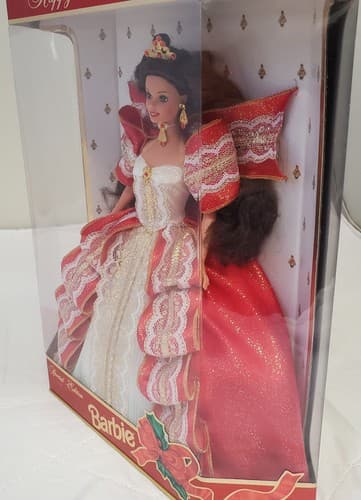 1997 Barbie Happy Holidays Special Edition Brunette Red White Gold Gown - Thumbnail 6