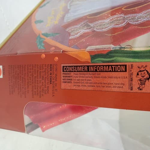 1997 Barbie Happy Holidays Special Edition Brunette Red White Gold Gown - Thumbnail 9