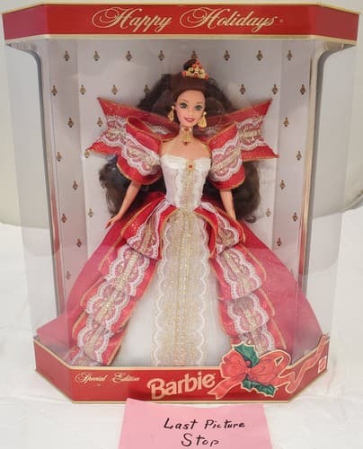 1997 Barbie Happy Holidays Special Edition Brunette Red White Gold Gown - Thumbnail 10
