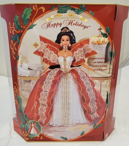 1997 Barbie Happy Holidays Special Edition Brunette Red White Gold Gown - Thumbnail 7
