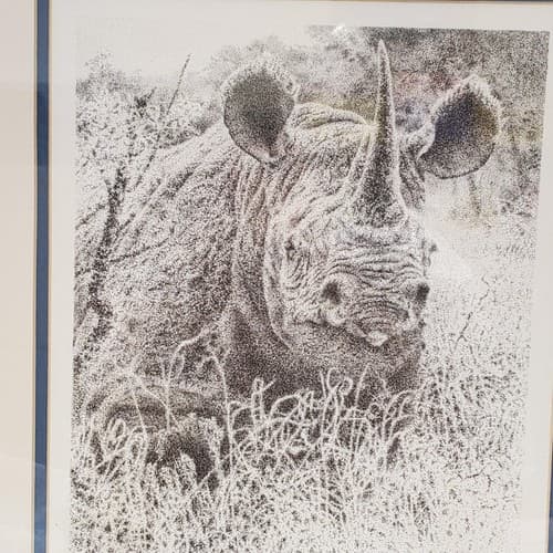 William Baker Rhino Head Drawing Pointillism Detail Signed & Framed - Thumbnail 4