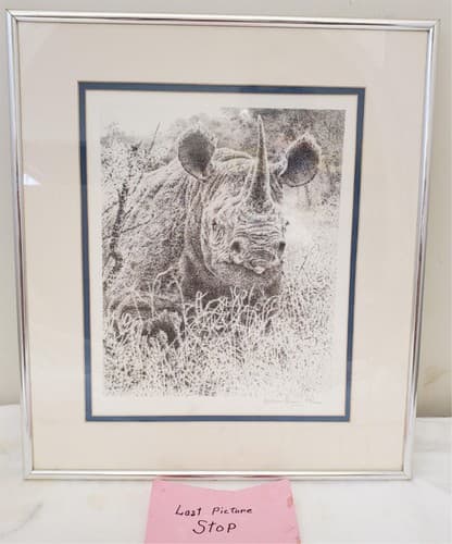 William Baker Rhino Head Drawing Pointillism Detail Signed & Framed - Thumbnail 5